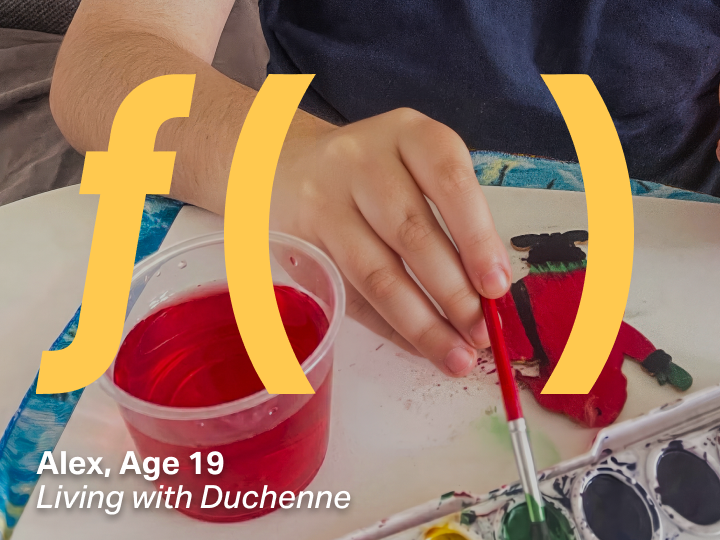 Close-up of a hand holding a paintbrush and dipping it into green paint on a watercolor palette beside a cup of red-tinted water, with a partially painted red object on a tray; overlaid with a large yellow “f(x)” graphic. Text reads, “Alex, Age 19 - Living with Duchenne”