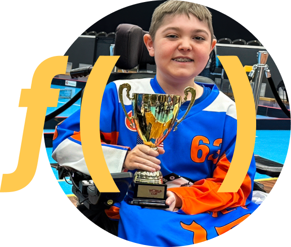 A boy using a wheelchair holding a gold trophy at a sports venue, wearing a blue and orange jersey, with on-image text reading “Caeden, Age 19, Living with Duchenne.”