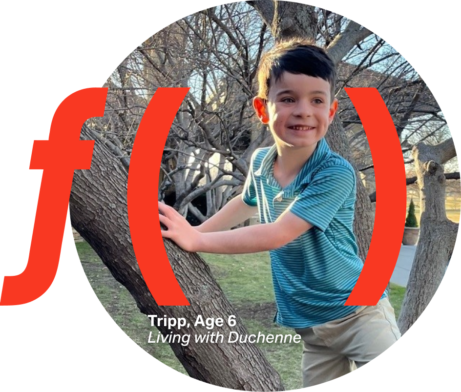 Boy in a tree with a large red “f(x)” graphic overlaid. Small text in the bottom left corner reads "Tripp, Age 6— Living with Duchenne"