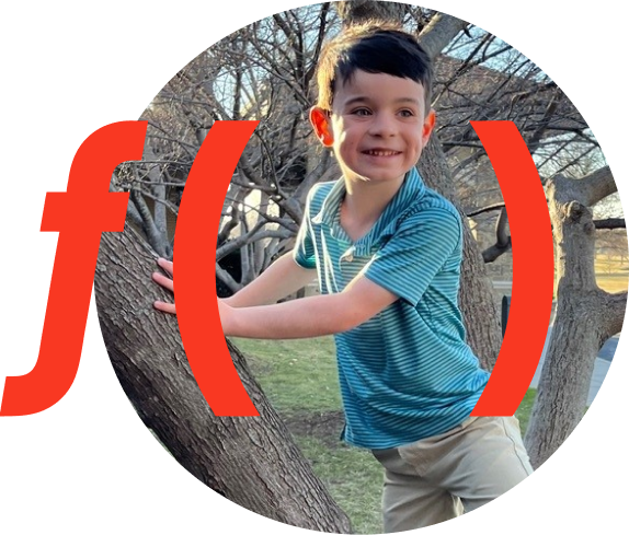 Boy in a tree with a large red “f(x)” graphic overlaid. Small text in the bottom left corner reads "Tripp, Age 6— Living with Duchenne"