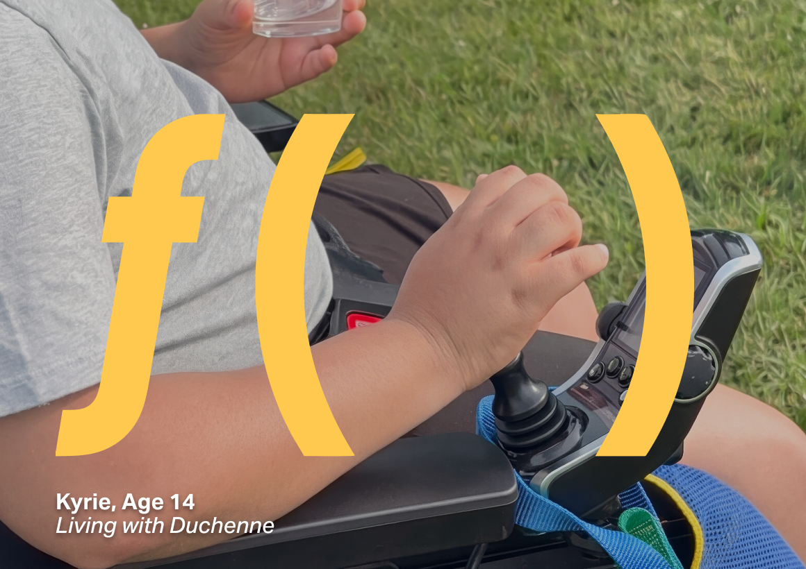 lose-up of a hand operating a joystick control on a powered wheelchair outdoors on grass, overlaid with a large yellow “f(x)” graphic. Text reads “Kyrie - Living with Duchenne”
