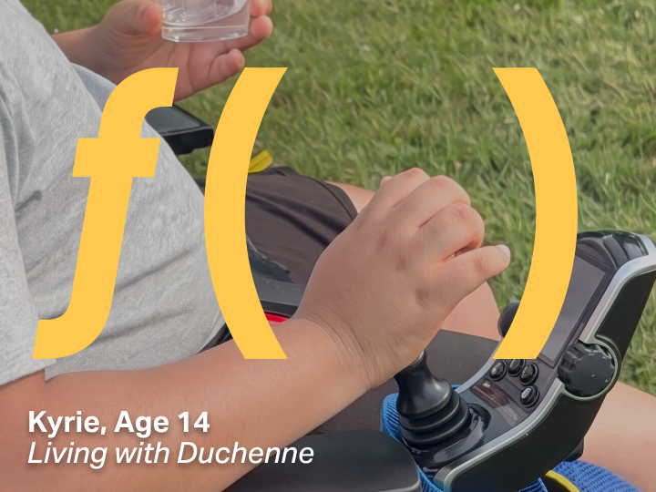 lose-up of a hand operating a joystick control on a powered wheelchair outdoors on grass, overlaid with a large yellow “f(x)” graphic. Text reads “Kyrie - Living with Duchenne”