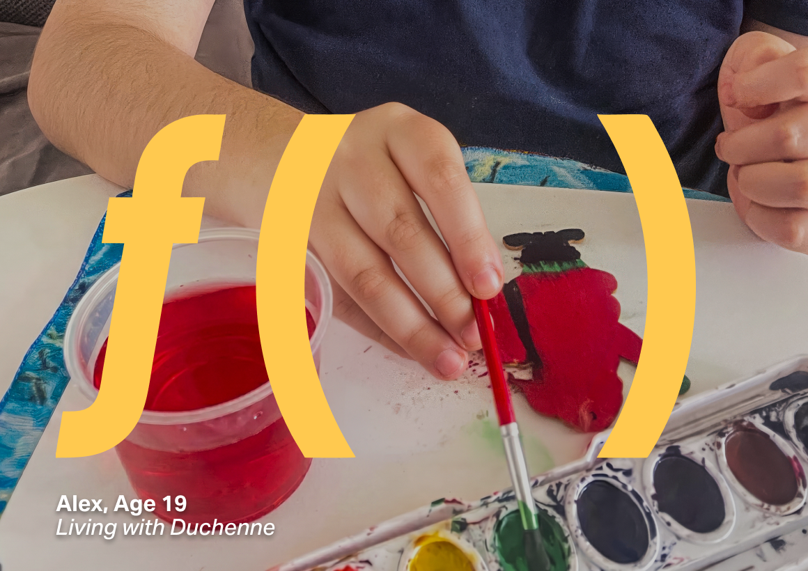 Close-up of a hand holding a paintbrush and dipping it into green paint on a watercolor palette beside a cup of red-tinted water, with a partially painted red object on a tray; overlaid with a large yellow “f(x)” graphic. Text reads, “Alex, Age 19 - Living with Duchenne”