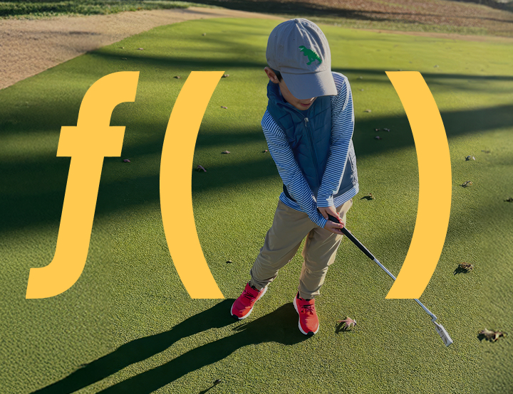 Boy practicing golf on a putting green, holding a putter with a large yellow “f(x)” graphic overlaid; small text in the corner reads “Tripp, Age 6— Living with Duchenne.”
