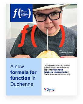 Close-up image of a boy wearing glasses drinking from a coconut with a straw, alongside text reading “A new formula for functional improvement in Duchenne” with a blue informational logo representing the community brochure.
