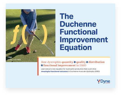 Promotional graphic titled “The Duchenne Functional Improvement Equation,” featuring a boy playing golf, using a golf putter, on the left. On the right, bold blue headline text on a light background, with supporting copy about how dystrophin quantity, quality, and distribution contribute to functional improvement in Duchenne, representing the provider brochure.