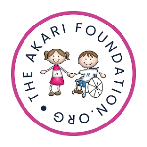 Circular logo reading “The Akari Foundation Org” with illustrations of two children, one standing and one using a wheelchair, inside a pink-bordered seal.